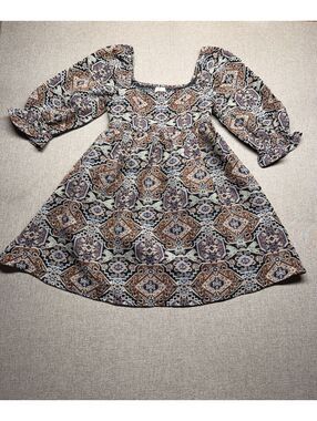 Promesa Womens Small Boho Babydoll Dress Puff Sleeve Square Neck NWT Tapestry